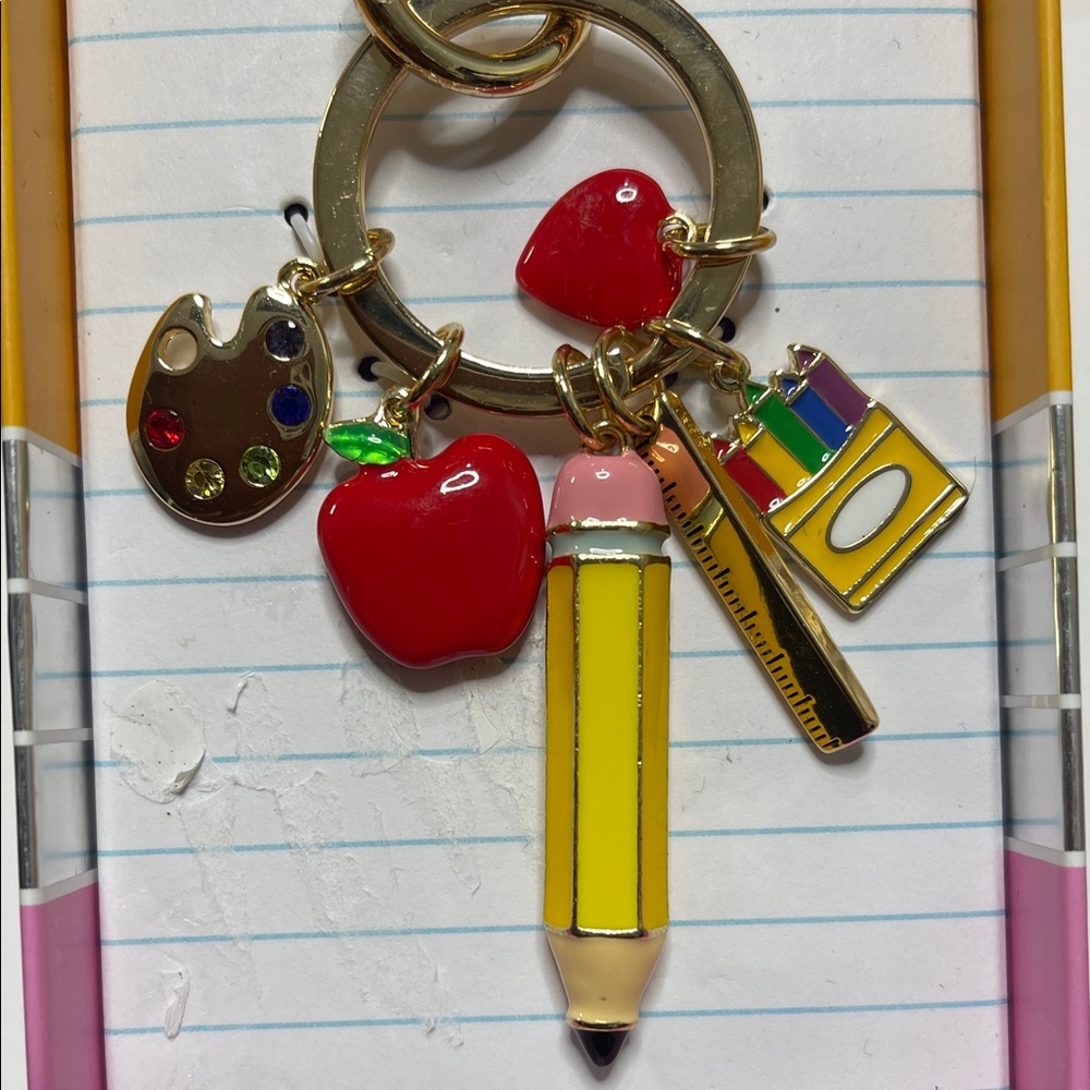 Colorful Keychain with Apple and Pencil Charms